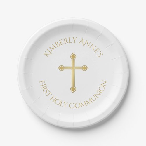 First Communion Gold Cross Monogrammed Name Paper Plates
