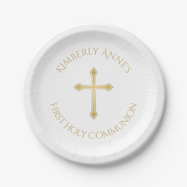 First Communion Gold Cross Monogrammed Name Paper Plates (Front)