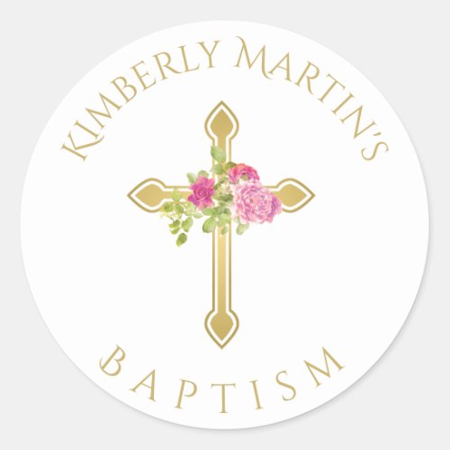 First Communion Gold Cross Pink Rose Monogrammed Classic Round Sticker