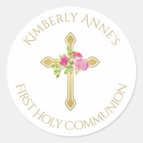 First Communion Gold Cross Pink Rose Monogrammed Classic Round Sticker