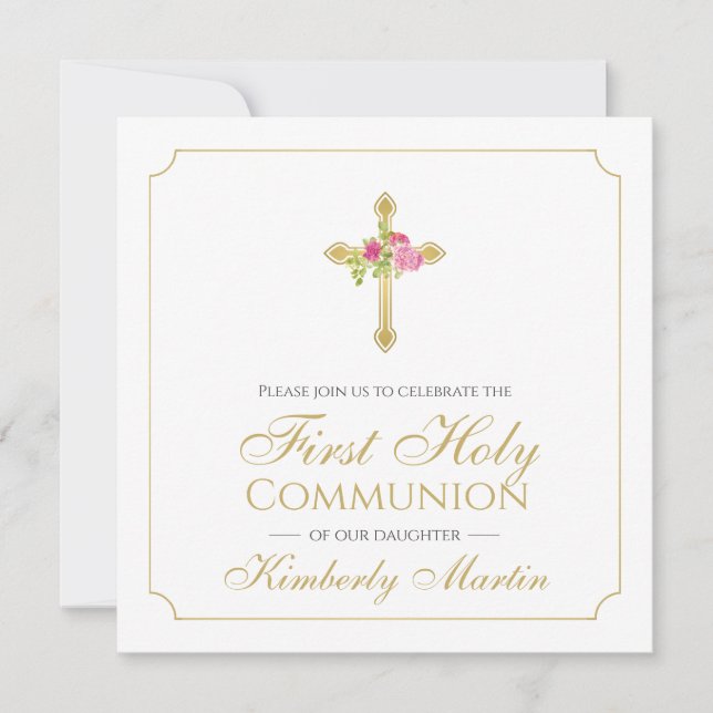 First Communion Gold Cross Pink Roses Christian Invitation (Front)