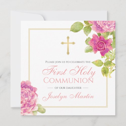 First Communion Gold Cross Pink Roses Floral Invitation