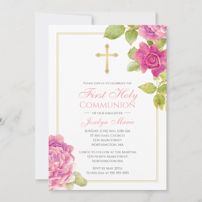 First Communion Gold Cross Pink Roses Floral Invitation (Front)