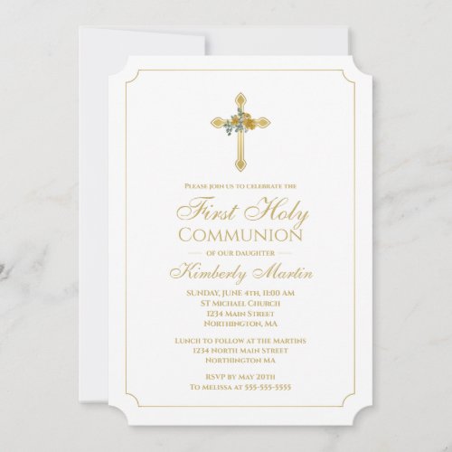 First Communion Gold Cross w Gold Roses Christian Invitation