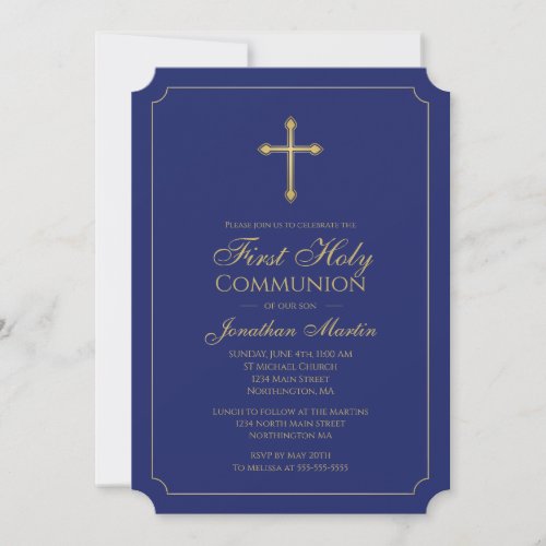 First Communion Gold Cross w Navy Blue Christian Invitation