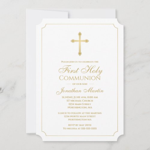 First Communion Gold Cross w White Christian Invitation