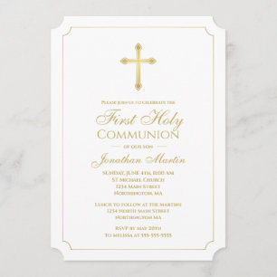 First Communion Gold Cross w/ White Christian Invitation