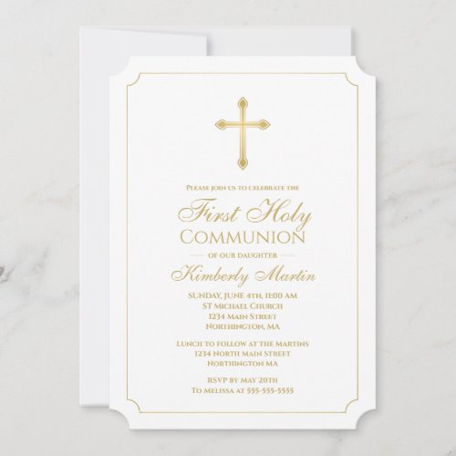 First Communion Gold Cross w White Christian Invitation