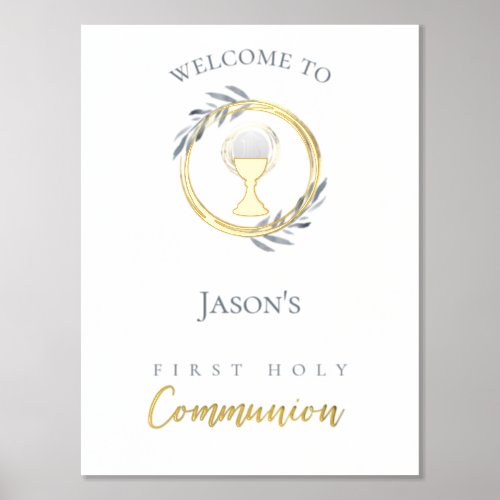 First Communion gold foil details welcome sign