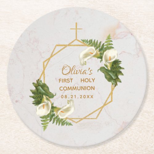First Communion Gold Marble Calla Lilies Floral Round Paper Coaster