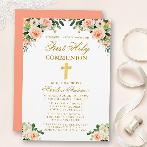 First Communion Gold Watercolor Peach White Floral Invitation
