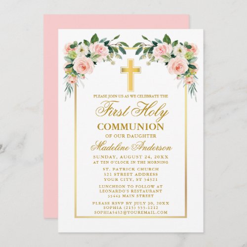 First Communion Gold Watercolor Pink Blush Floral Invitation