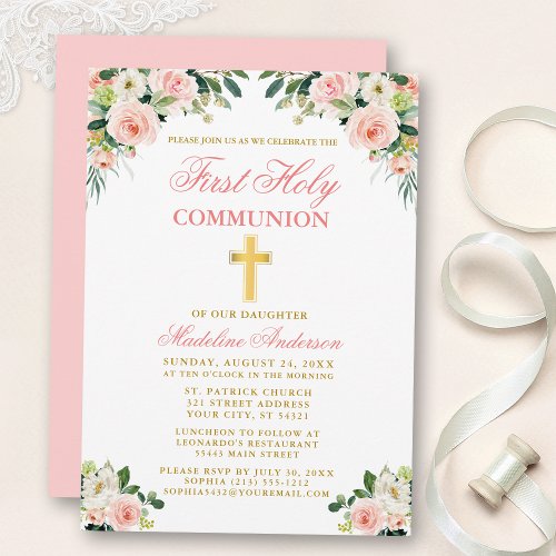 First Communion Gold Watercolor Pink Floral Invitation