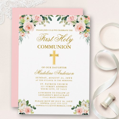 First Communion Gold Watercolor Pink White Floral Invitation