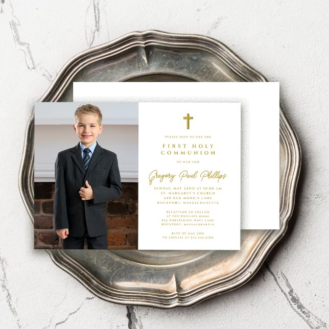 First Communion Gold White Minimalist Boy Photo Invitation (Creator Uploaded)