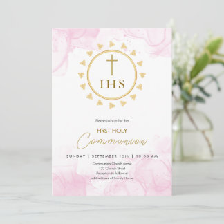 First Communion Gold with IHS lettering Invitation