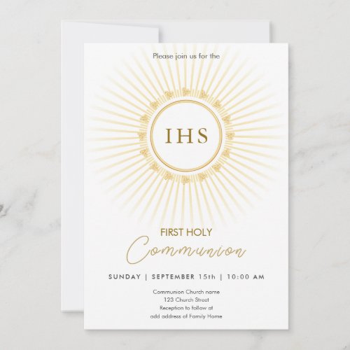 First Communion Gold with IHS lettering Invitation