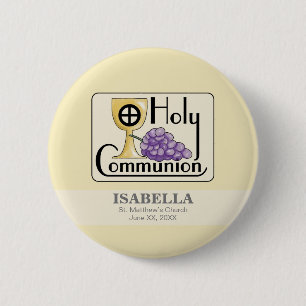First Communion Grapes and Cup, Customizable Button