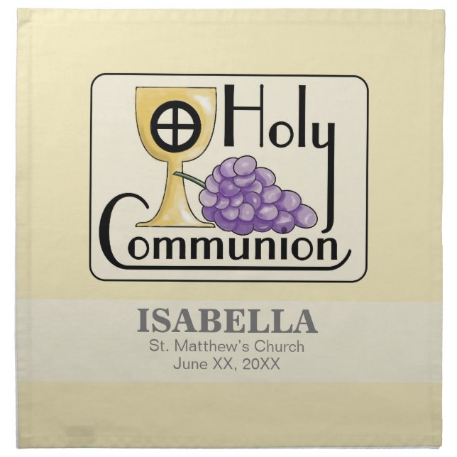 First Communion Grapes and Cup, Customizable Napkin (Front)
