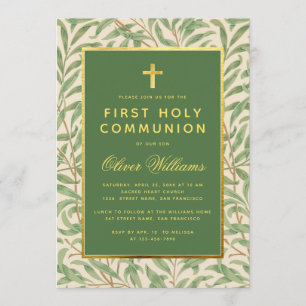 First Communion Green Faux Gold Foliage Greenery Invitation