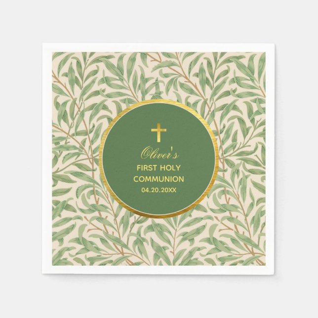 First Communion Green Faux Gold Foliage Greenery Napkins (Front)