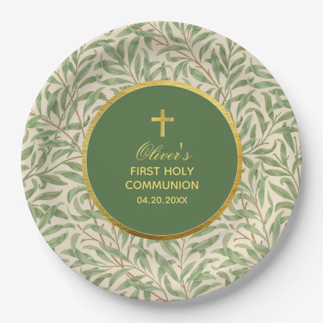 First Communion Green Faux Gold Greenery Foliage Paper Plates (Front)