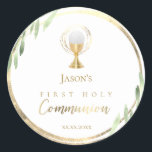 First Communion green leaves faux gold foil Classic Round Sticker<br><div class="desc">First Holy communion stickers</div>