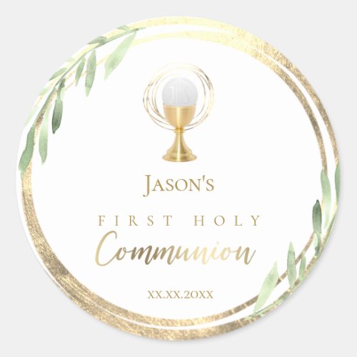 First Communion green leaves faux gold foil Classic Round Sticker
