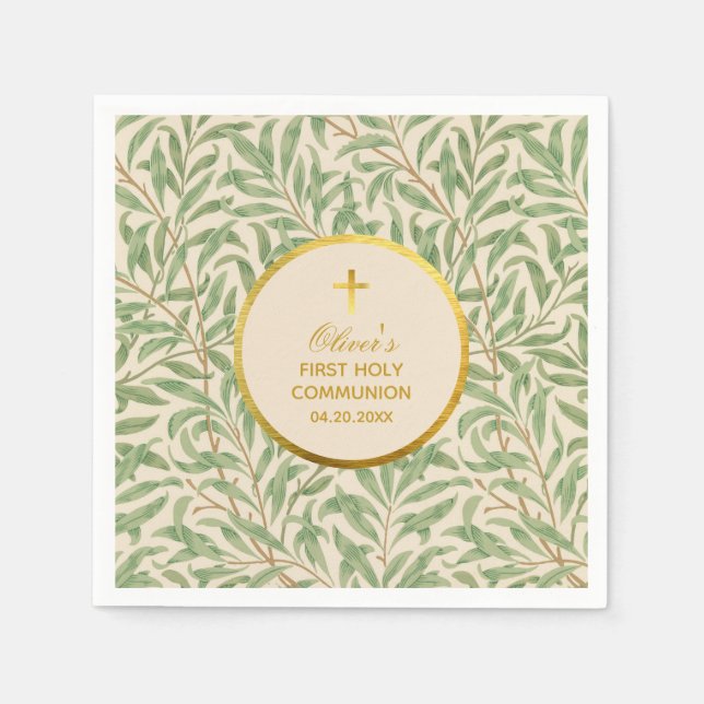 First Communion Green Leaves Faux Gold Foil Morris Napkins (Front)