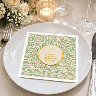 First Communion Green Leaves Faux Gold Foil Morris Napkins