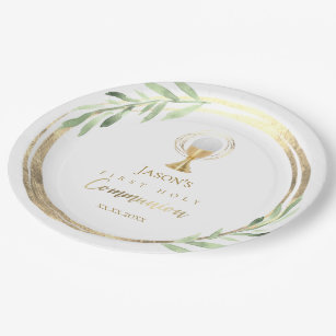 First Communion green leaves faux gold foil  Paper Plates