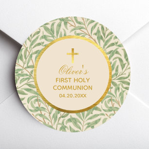 First Communion Green Leaves Morris Faux Gold Foil Classic Round Sticker