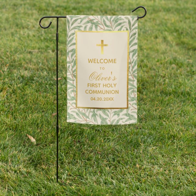 First Communion Green Leaves Morris Faux Gold Garden Flag (In SItu)