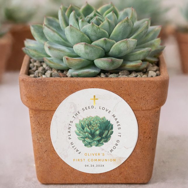 First Communion Green Succulent Faith Plants Seed Classic Round Sticker (Creator Uploaded)
