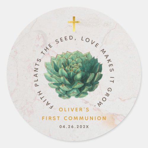 First Communion Green Succulent Faith Plants Seed Classic Round Sticker