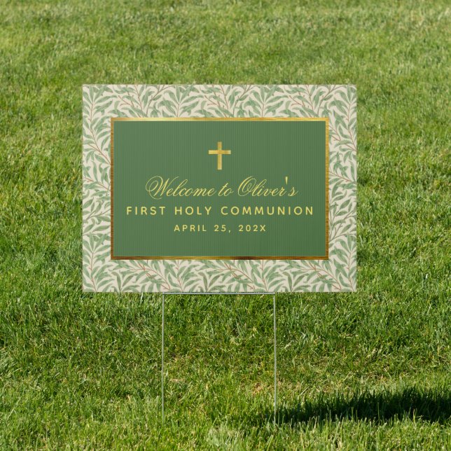 First Communion Green Welcome Faux Gold Greenery Sign (Insitu)