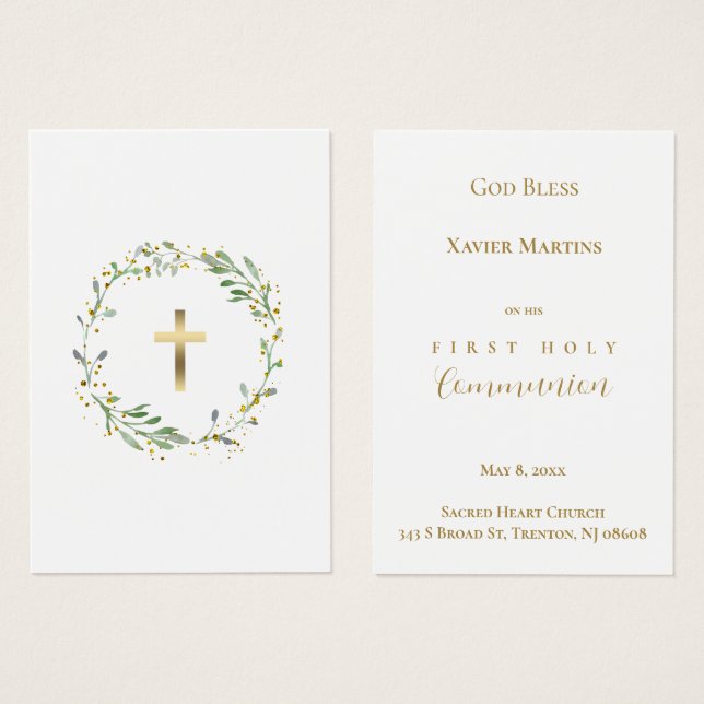 First Communion green wreath remembrance card (Front & Back)