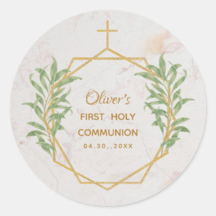 First Communion Greenery Botanical Geometric Gold Classic Round Sticker