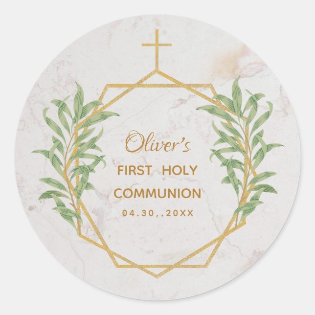 First Communion Greenery Botanical Geometric Gold  Classic Round Sticker (Front)