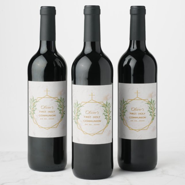 First Communion Greenery Botanical Gold Geometric Wine Label (Bottles)