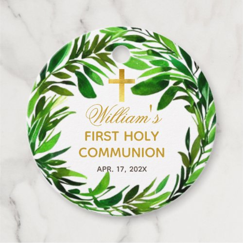 First Communion Greenery Botanical Watercolor Gold Favor Tags