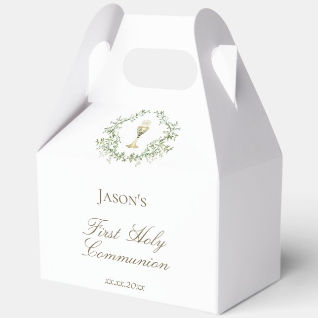 First Communion greenery crest chalice Favor Boxes (Front)