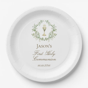 First Communion greenery crest chalice Paper Plates
