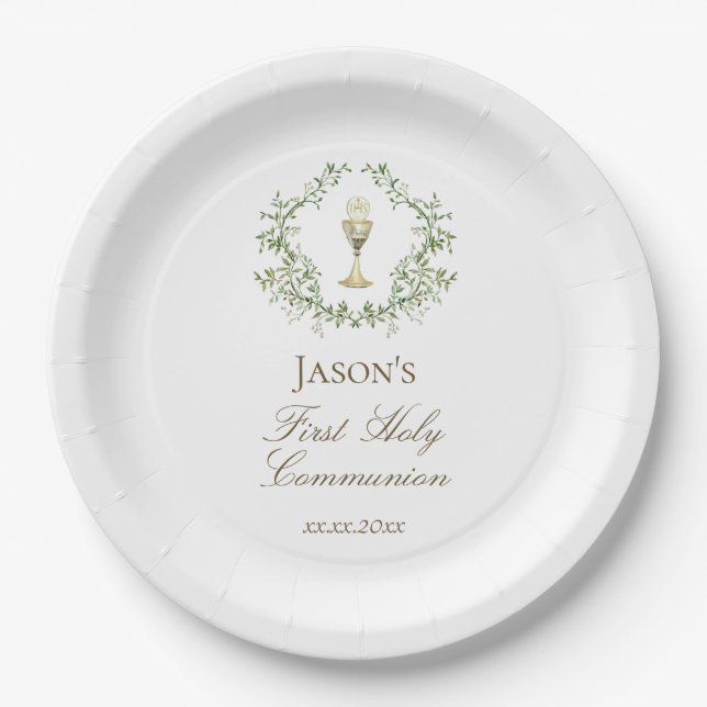 First Communion greenery crest chalice Paper Plates (Front)