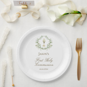 First Communion greenery crest chalice Paper Plates
