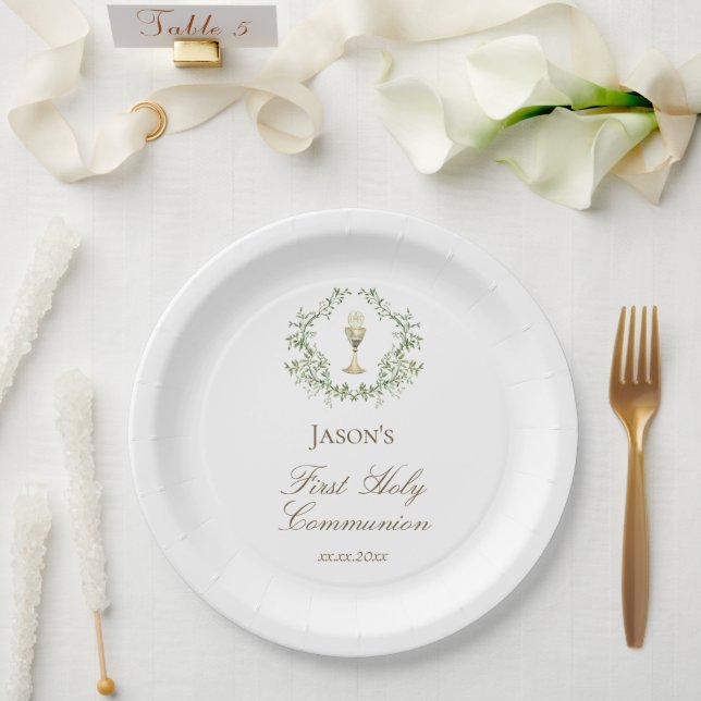 First Communion greenery crest chalice Paper Plates (Wedding)