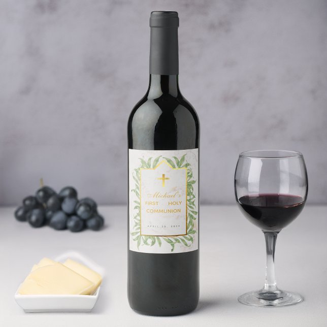 First Communion Greenery Faux Gold Cross Botanical Wine Label (Creator Uploaded)