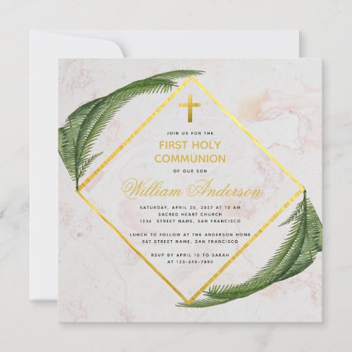 First Communion Greenery Faux Gold Marble Fern Invitation