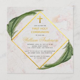 First Communion Greenery Faux Gold Marble Fern Invitation