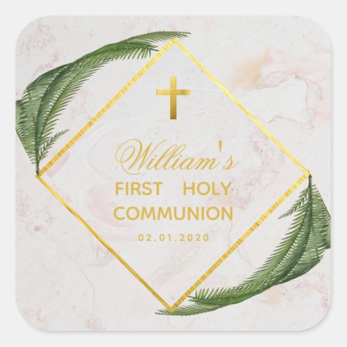 First Communion Greenery Faux Gold Marble Fern Square Sticker